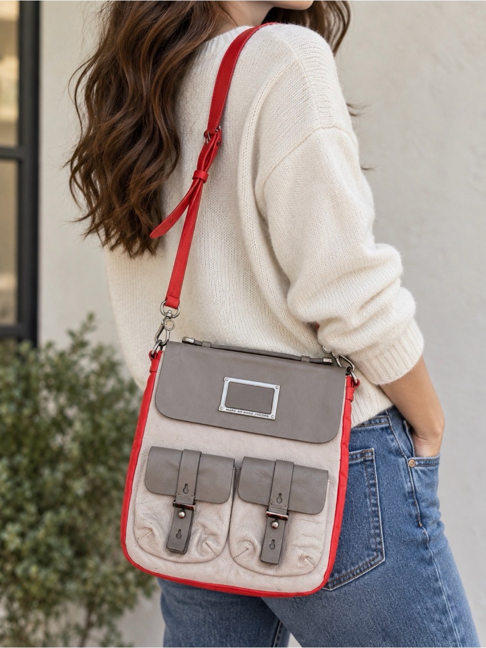 Marc Jacobs Vintage Leather Crossbody Bag Red & Gray Double Front Pocket